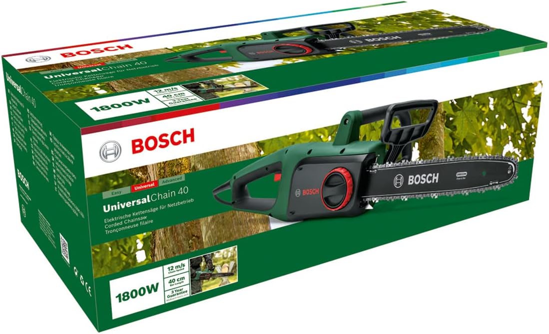 Bosch Kettensäge UniversalChain 40 (1800 W, Gewicht: 4,3 kg, Kettengeschwindigkeit: 12 m/s, mit Kettensägenöl inklusive, im Karton) – Amazon Edition