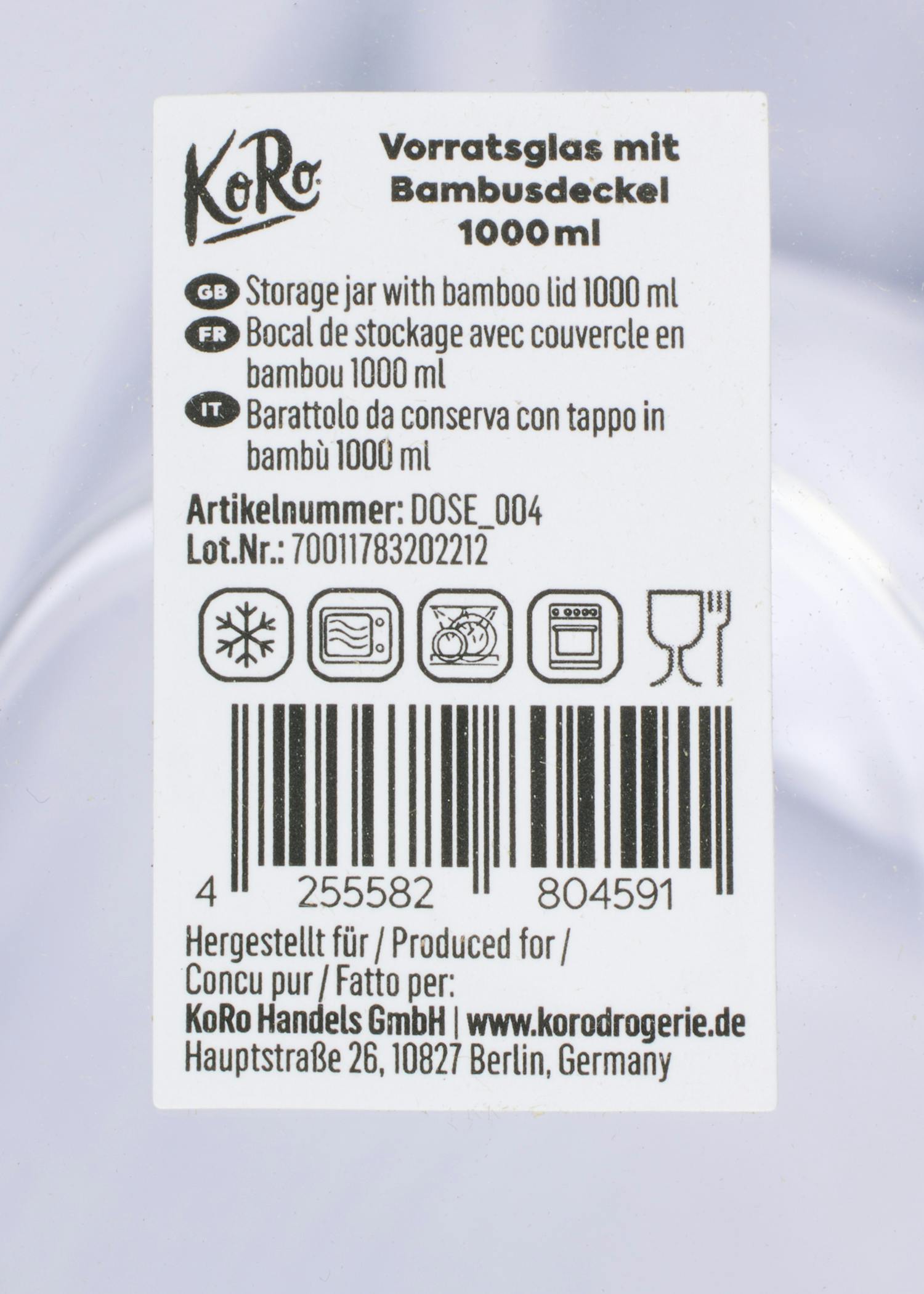 Vorratsglas mit Bambusdeckel 1000 ml 6 Stück