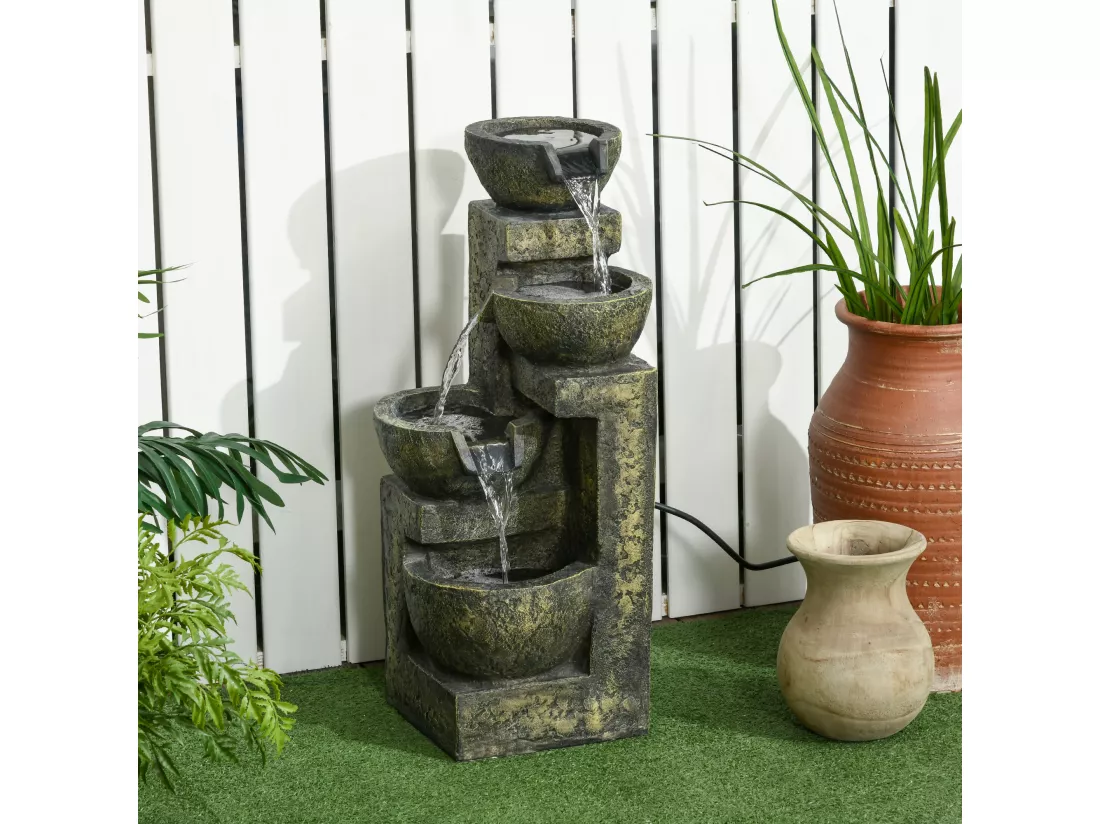 Fontaine de jardin cascade 4 pots débit réglable pompe à eau submersible incluse résine noir bronze vieilli