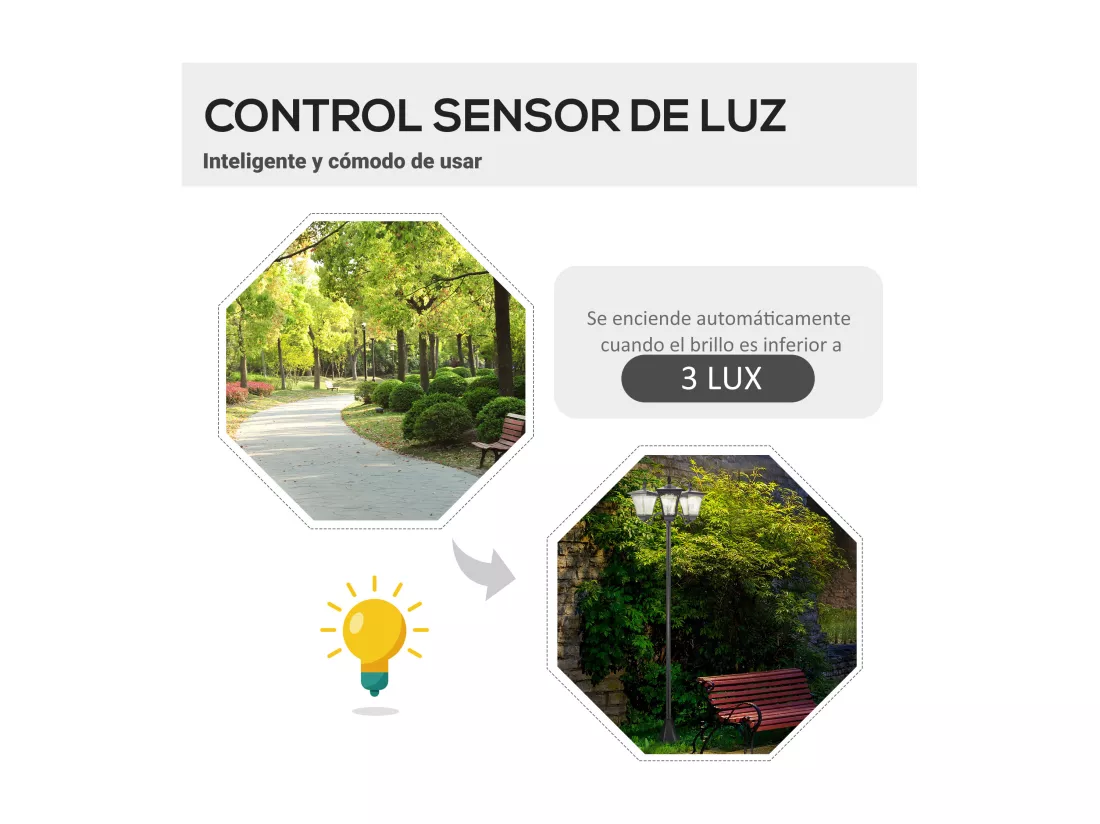 Lampadaire de jardin luminaire extérieur solaire LED 3 têtes 120 Lm dim. 51,5L x 47l x 182,5H cm acier inox. plastique noir