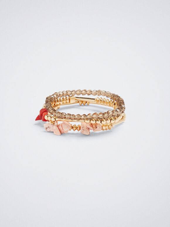 Conjunto Pulseras Elásticas Con Piedra - Coral