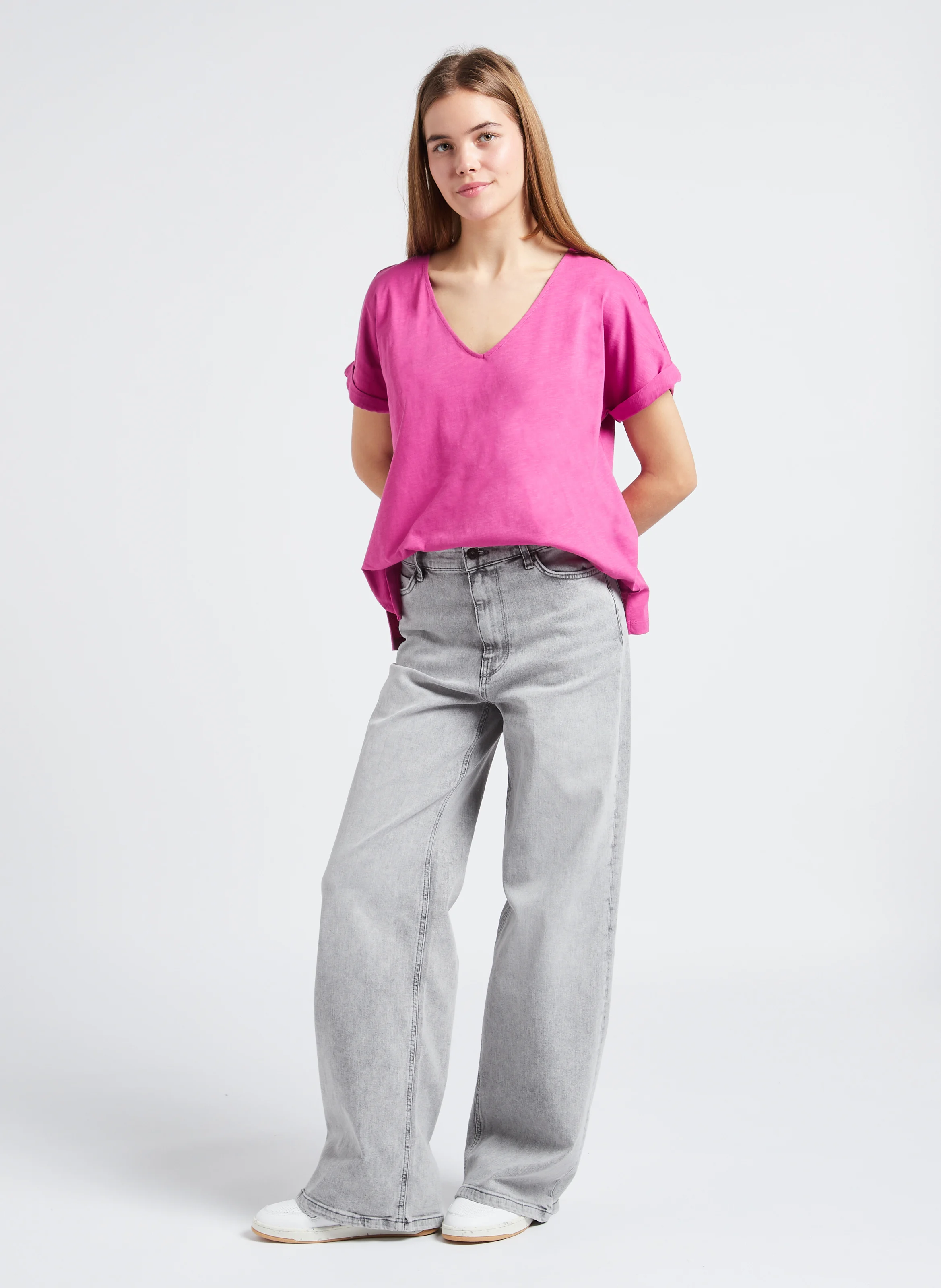 LINA - Jean ample taille haute en coton mélangé | Gris