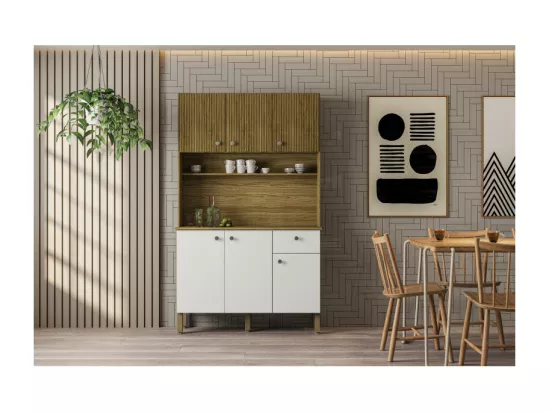 Buffet de Cuisine 6 Portes 1 Tiroir Chêne et Blanc 7 Niches L 111 H 185 P 39.3 cm
