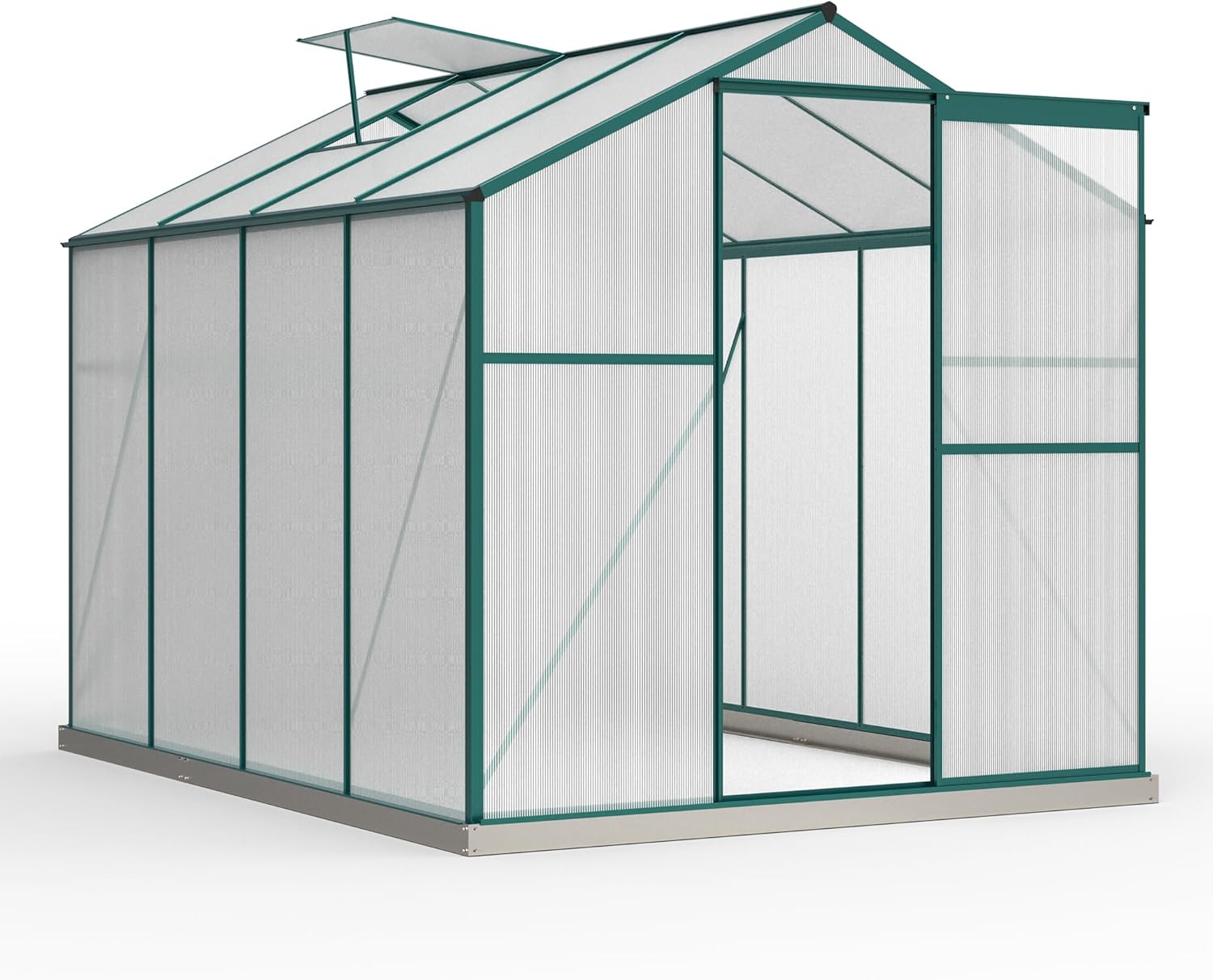 Gewächshaus Aluminium mit Fundament, Treibhaus mit Dachfenster und Tür, Frühbeet für Garten Terrasse, Tomatenhaus Pflanzenhaus für Aufzucht Pflanzen, Gartenhaus, 253x200x190 cm, Grün