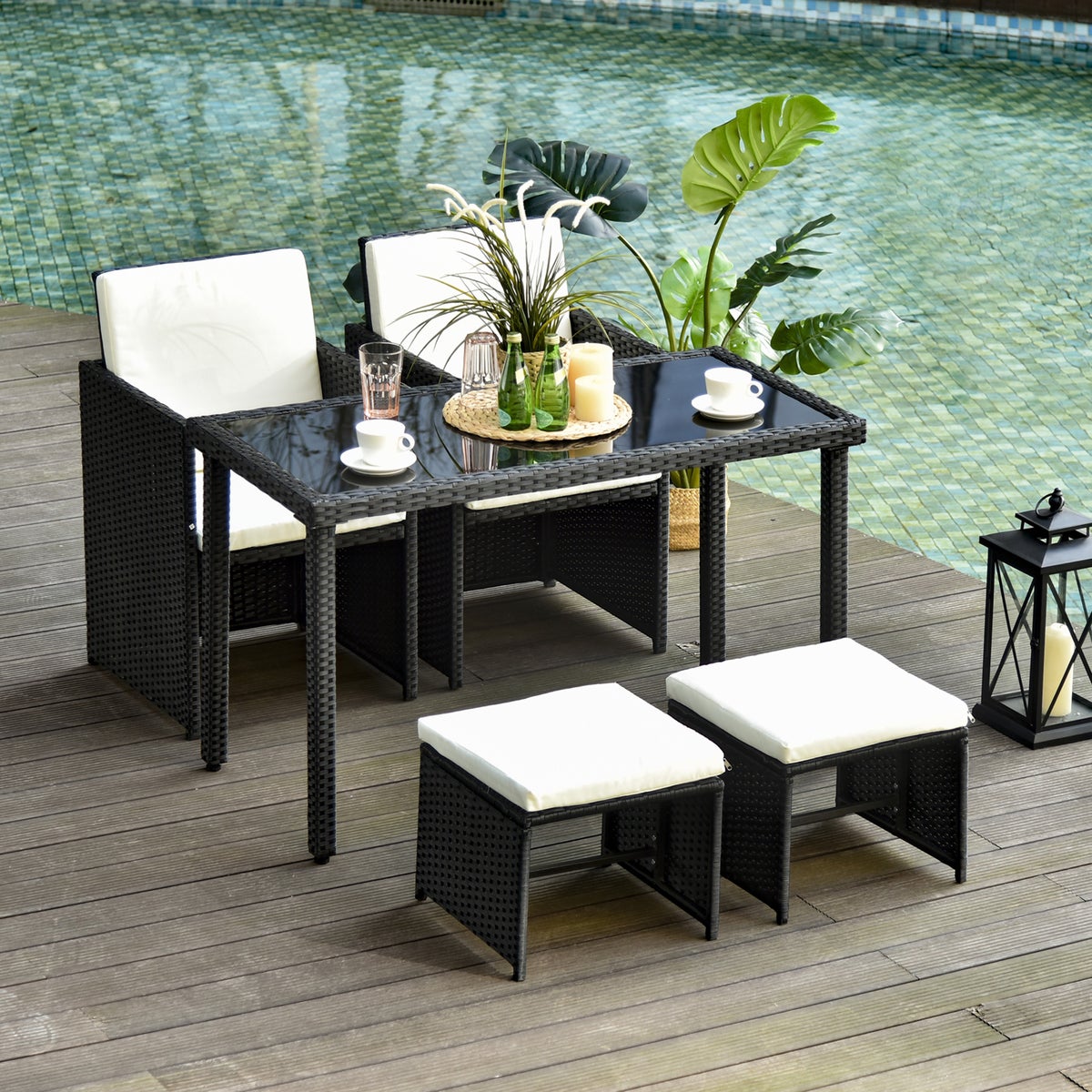 Outsunny 11-delige polyrotan tuinset, met kussens, 120L x 60B x 75H cm, metaal, gehard glas, polyester, zwart