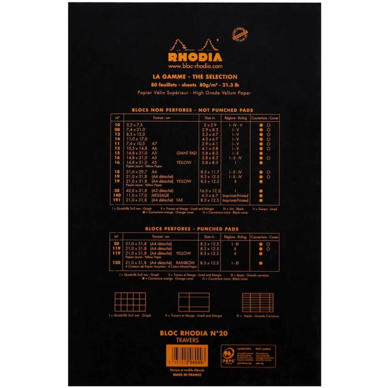 Bloc agrafé perforé N°20 A4+ 80 feuilles lignées + marge 80 g. - Noir