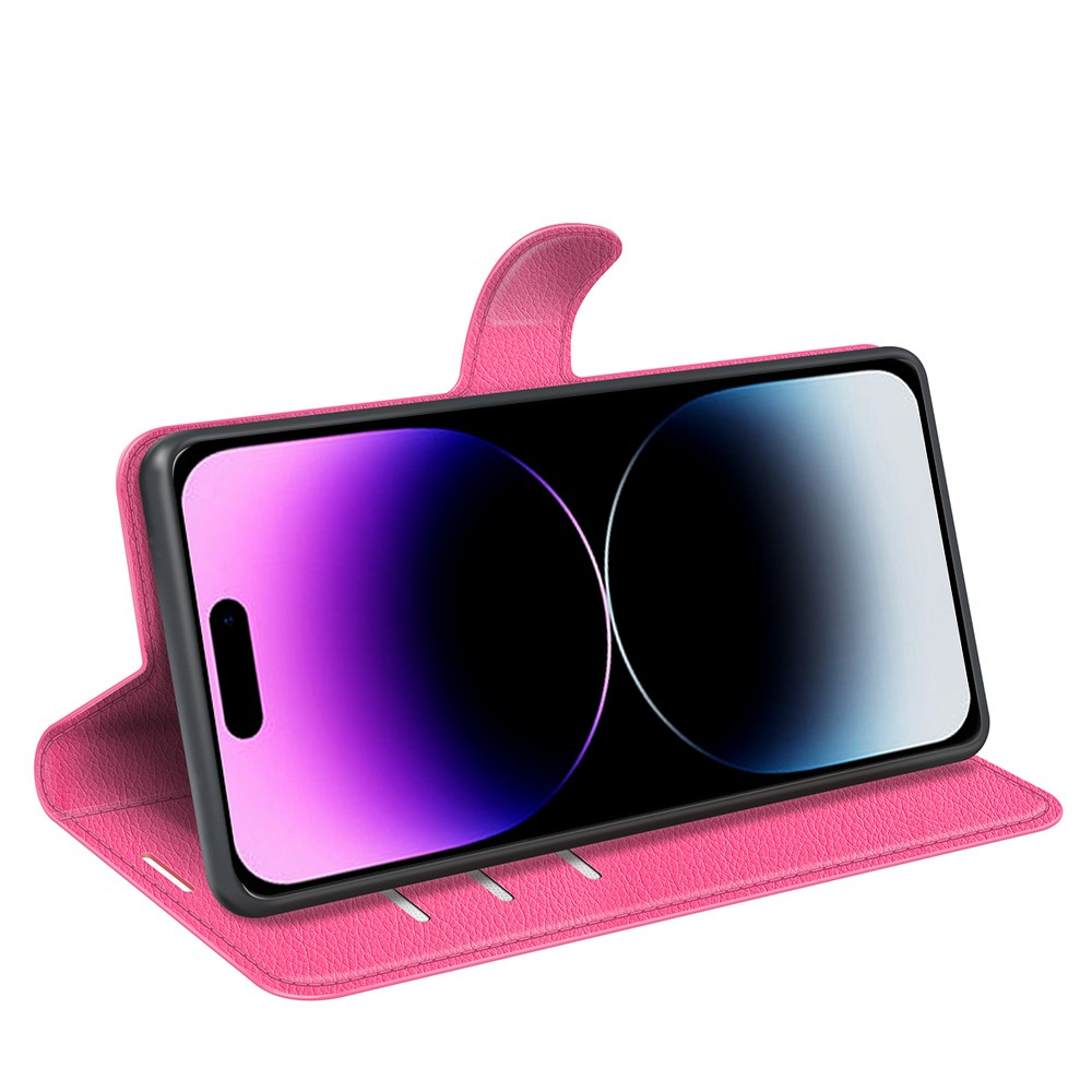 iPhone 15 Pro Max Leder Tasche Flip Cover Litchi Look - Pink