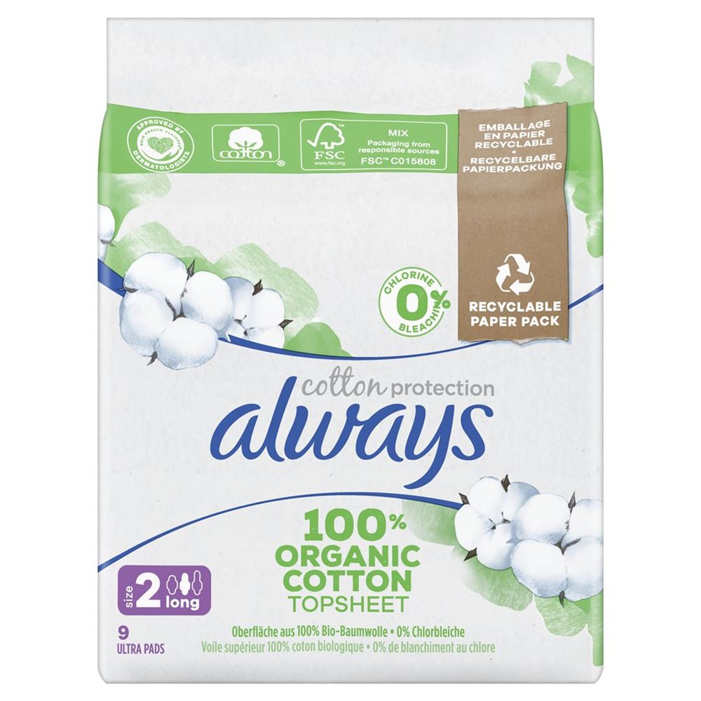 Always Ultra Binde Cotton Protection<br>9 Stück, Long mit Flügeln Magic Paper