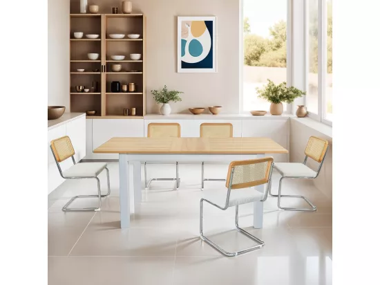 Table à manger extensible effet bois 6/8 personnes, piètement blanc 140/180 cm - Lexi