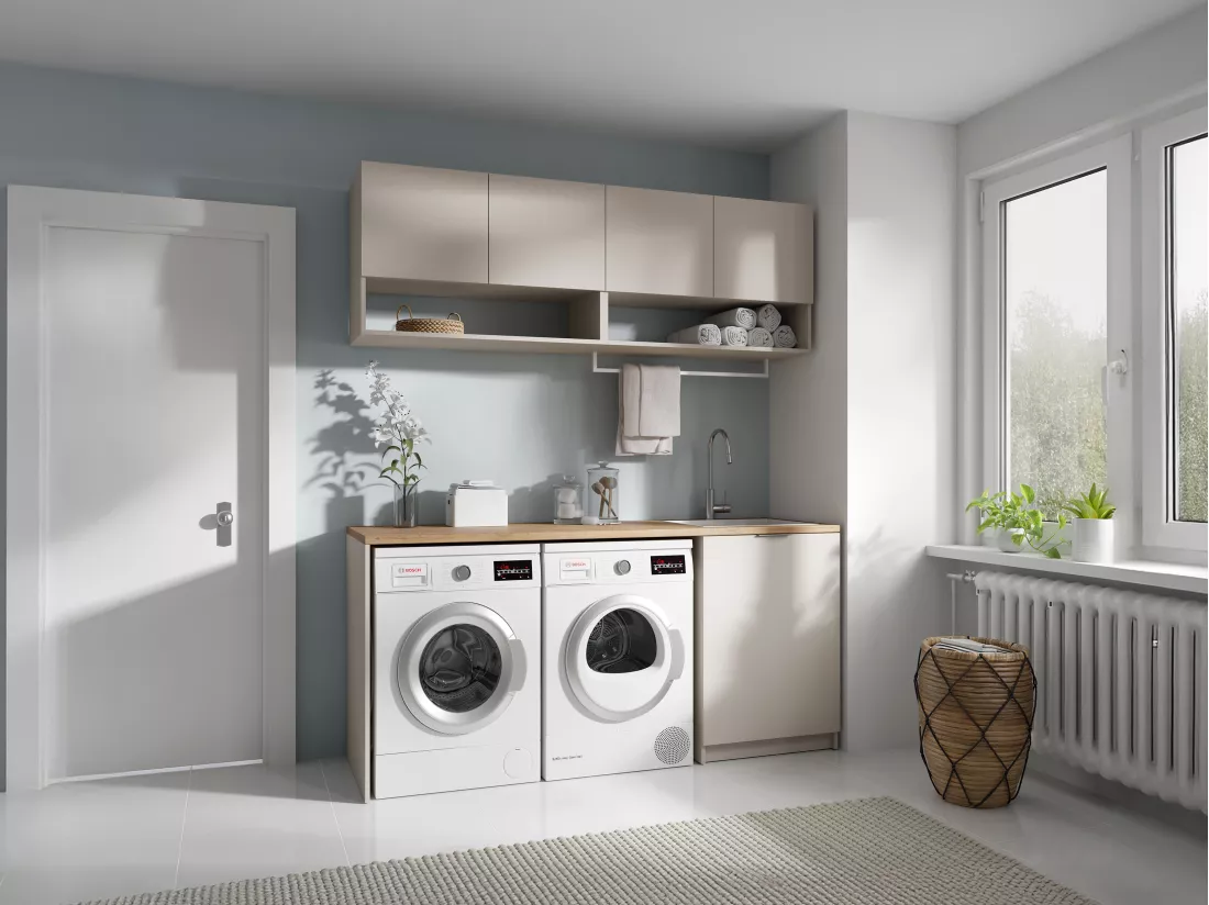 Meubles de buanderie pour machine à laver avec plan de travail - L182 cm - Couleur beige et naturel clair - NATAJI