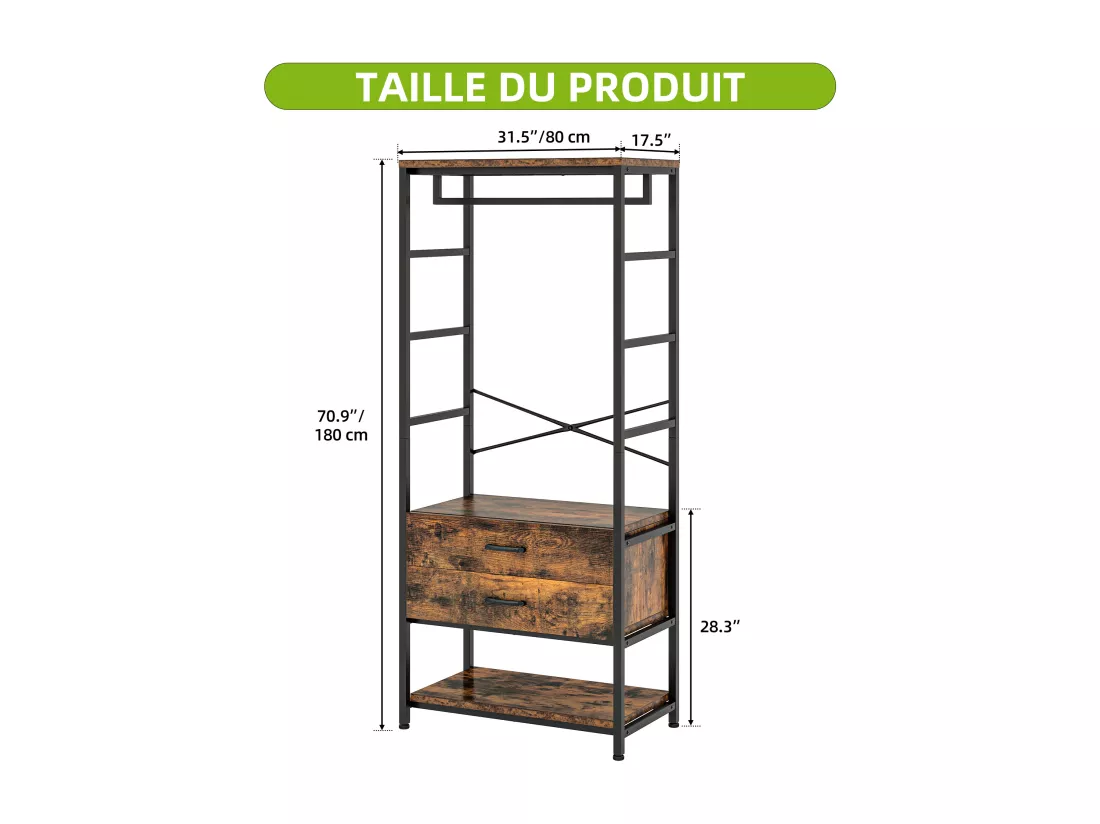 YITAHOME Porte Manteaux - avec Rangement pour Chaussures, Tringle à Vêtements - 2 tiroirs - Marron