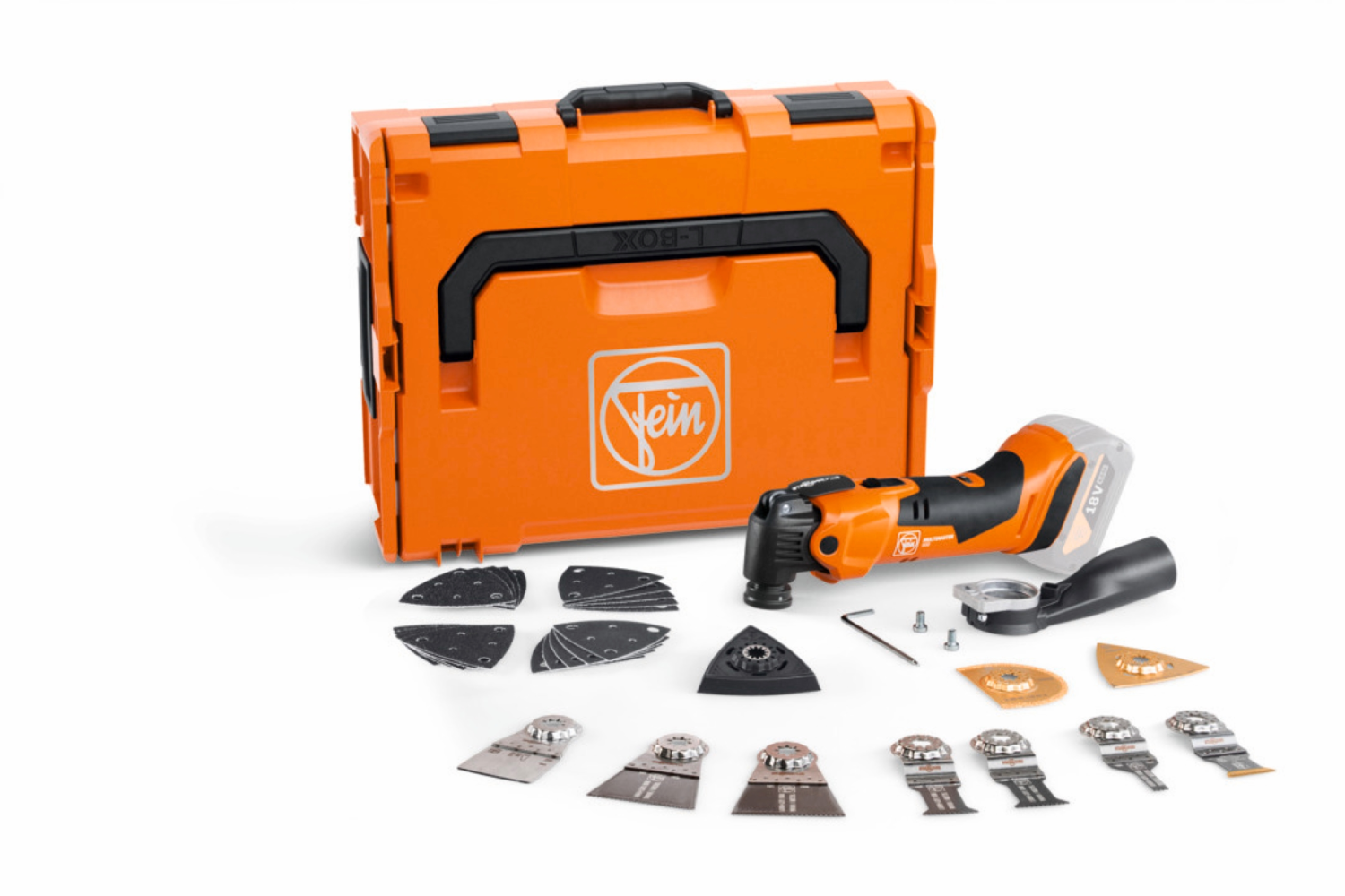 Fein AMM500 Multimaster Plus Top 18V Li-ion Accu Multitool body in L-Boxx incl. 30-Delige accessoires set