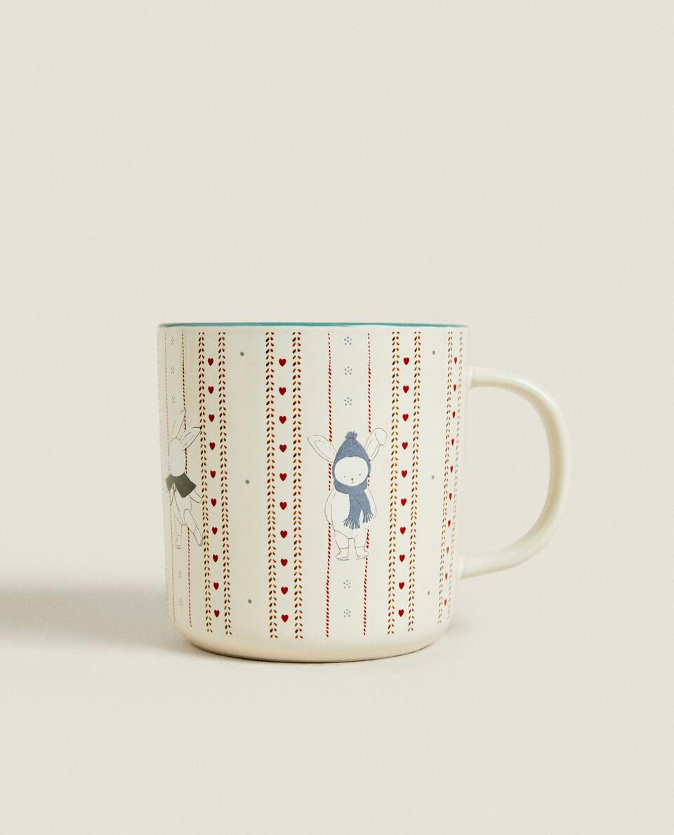 Caneca infantil de cerâmica com desenho de coelho de Natal