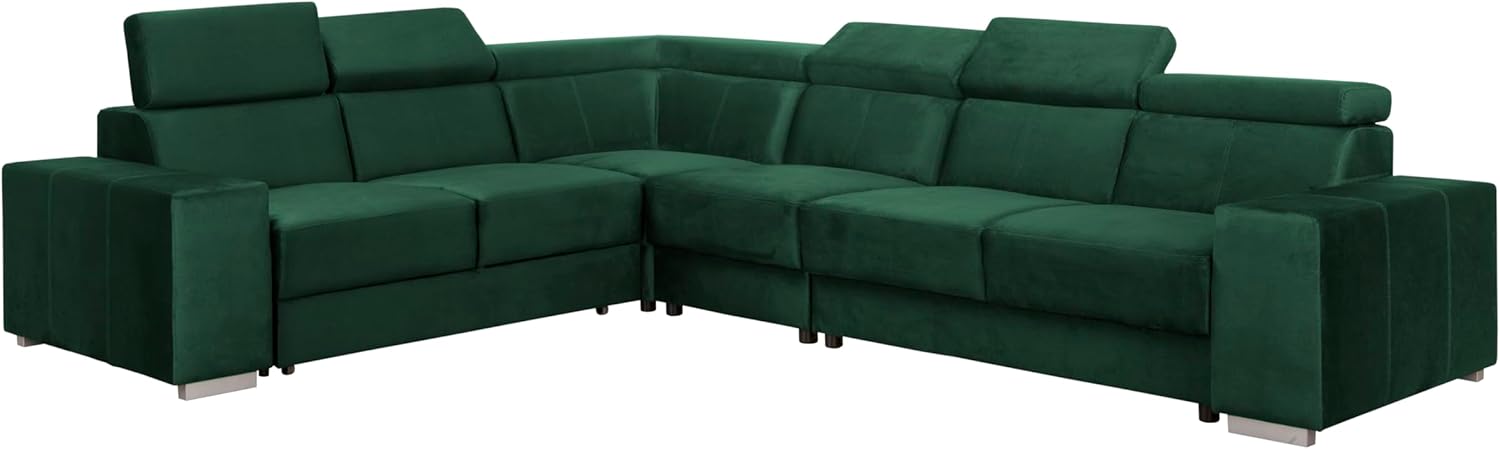 FORNIRO Alma Ecksofa L-Form mit Schlaffunktion – 330x265x85cm - Grün – Moderne Wohnlandschaft mit verstellbaren Kopfstützen – Stabil gebaut hoher Sitzkomfort – Viele Farben Stoffvarianten wählbar