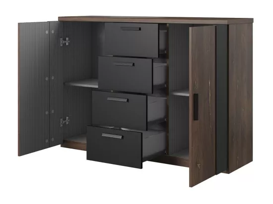Chambre complète FOX – Lit coffre 180x200, sommier inclus, Armoire, Commode, Chevets – Chêne foncé