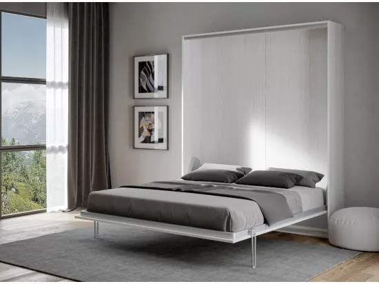 Lit escamotable vertical frêne blanc et porte marron kanto 160x190