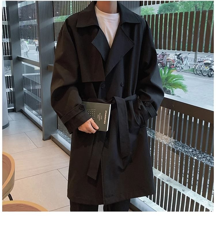 Diphon - Midi-trenchcoat met effen strikceintuur en dubbele rij knopen