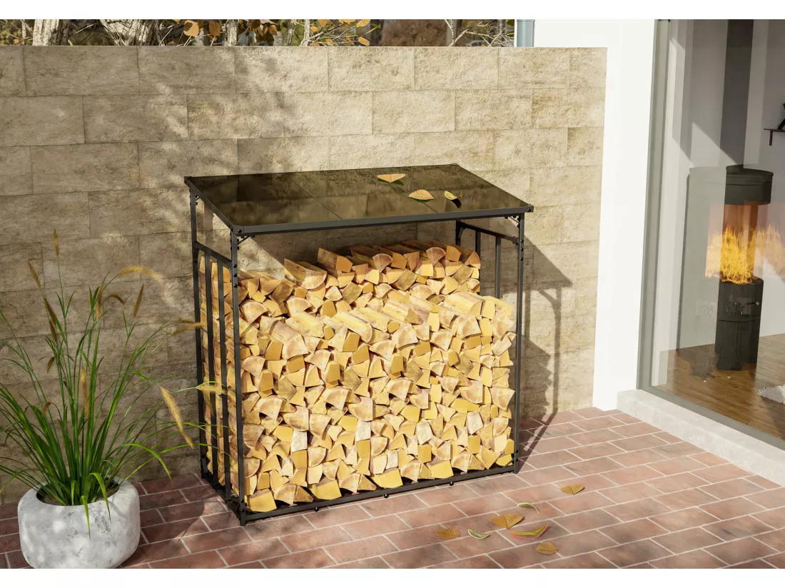 Etagère bois de cheminée - Métal - 143 x 70 x 145cm - Anthracite - Ruston