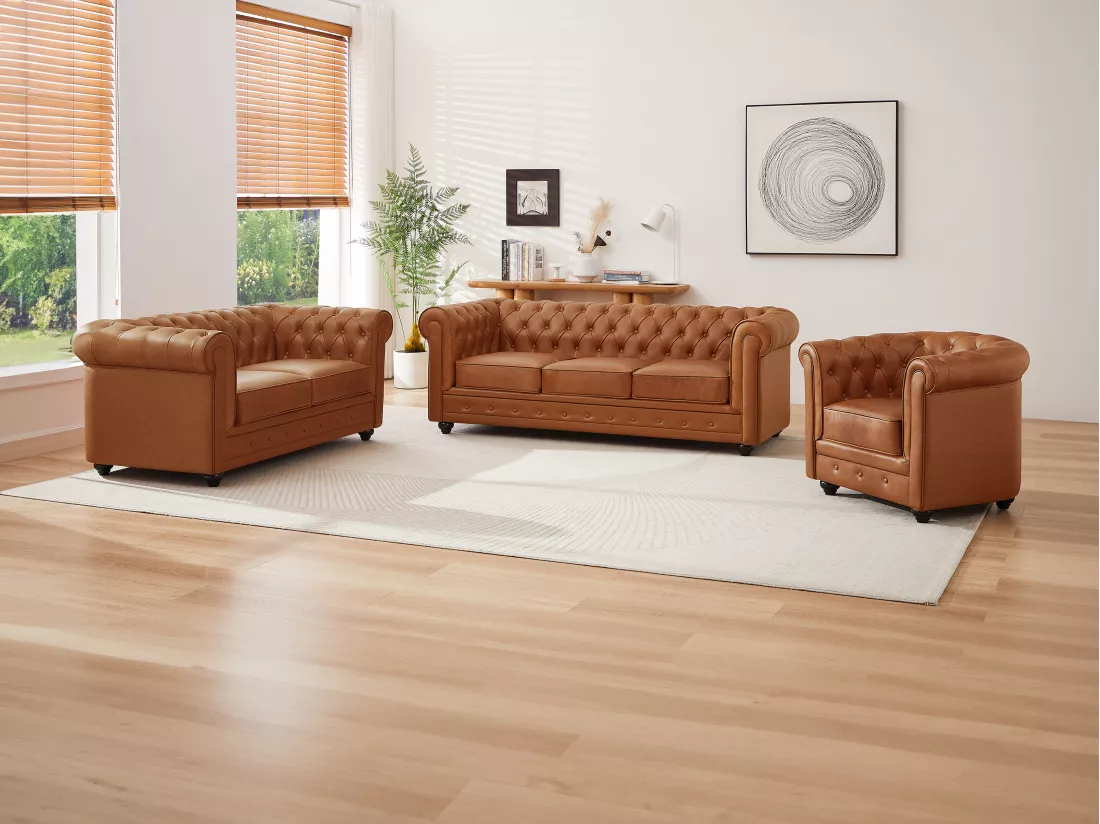 Canapé 3 places, 2 places et fauteuil en cuir de vachette camel CHESTERFIELD