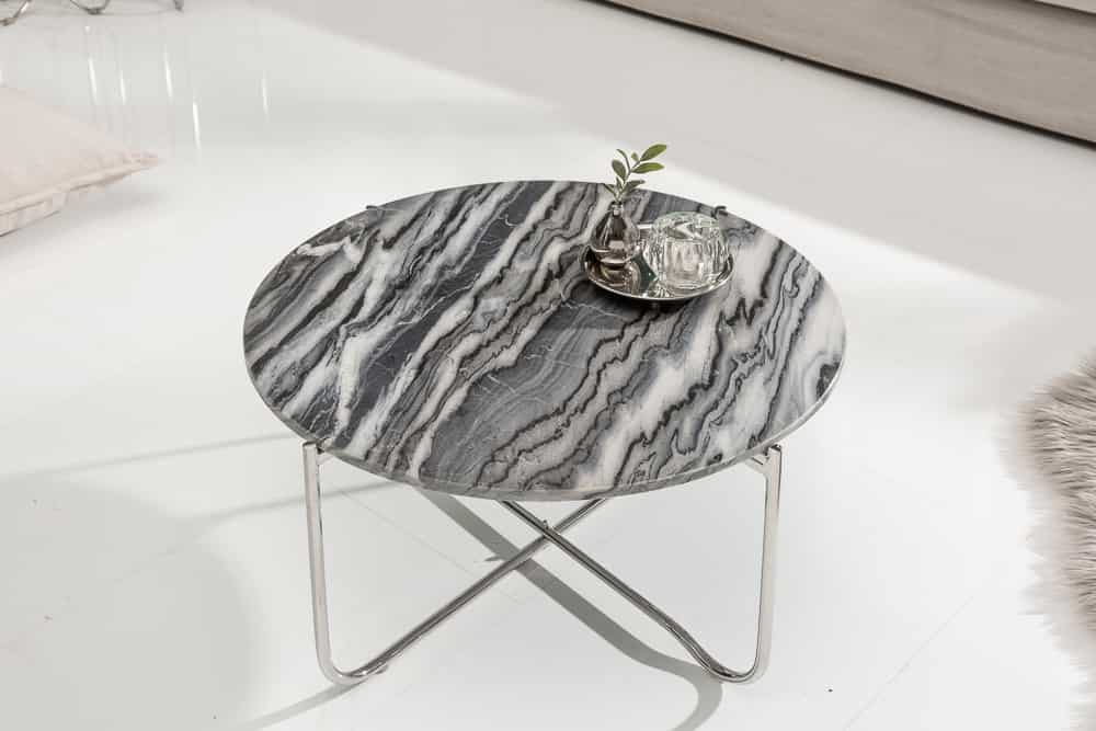 Runder Couchtisch NOBLE 65cm grau Marmor abnehmbare Tischplatte klappbar silber Metall