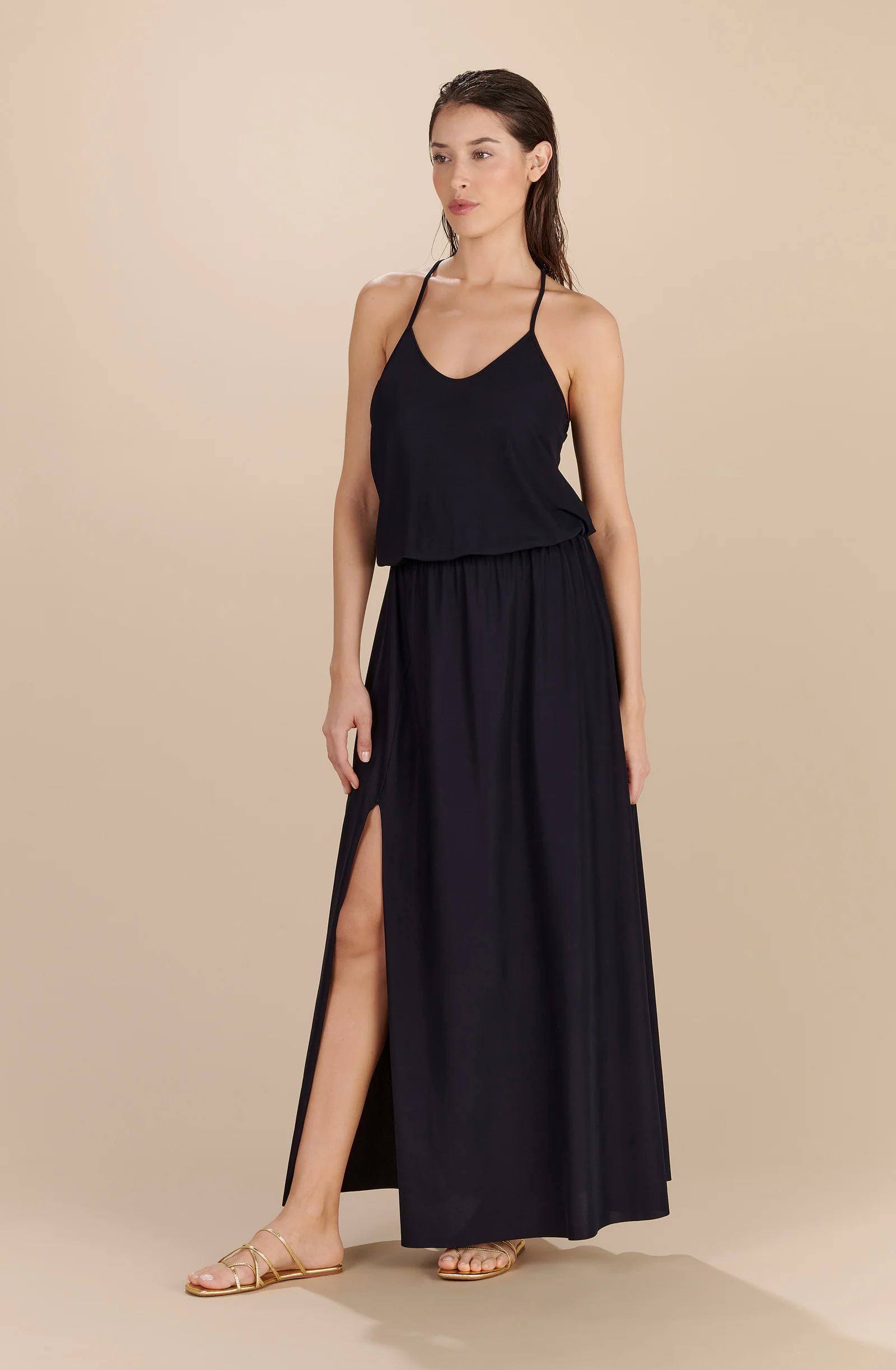 maeve Robe longue noire à bretelles croisées dans le dos Noir
