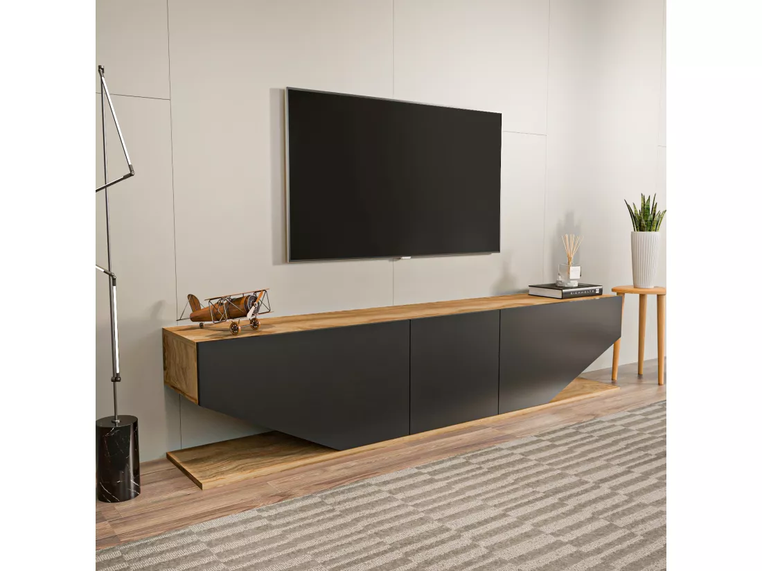 Meuble TV Pearl de 180 cm avec des armoires en style ailes (Oud et noir)