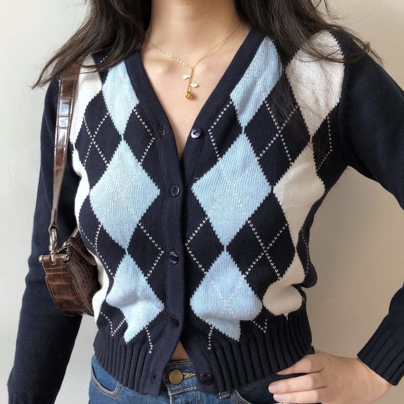 Sinora - V-hals Argyle Cropped Cardigan
