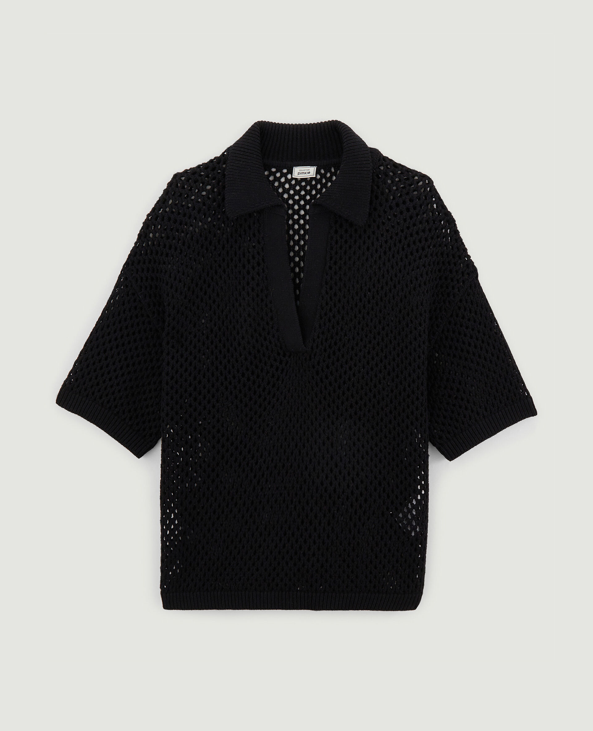 Top col polo maille ajourée - Noir