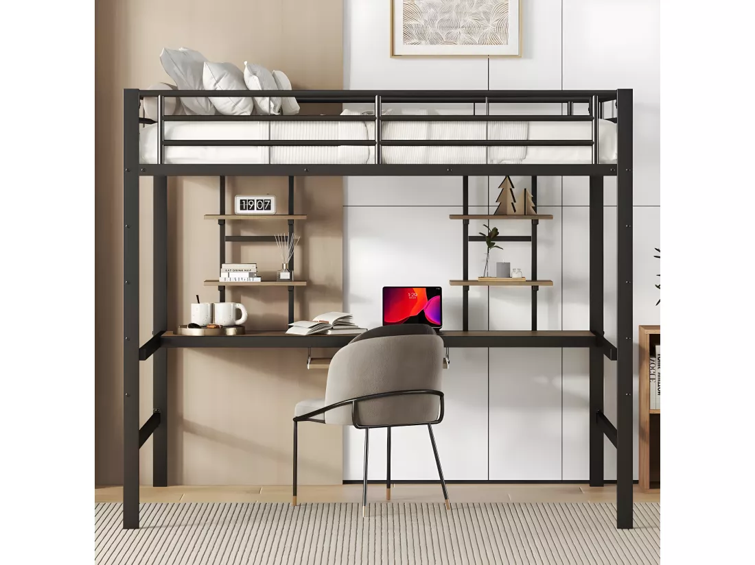 Cadre de lit en métal, loft bed avec bureau et deux bibliothèques pour enfants, adolescents et adultes, 140x200 cm, noir