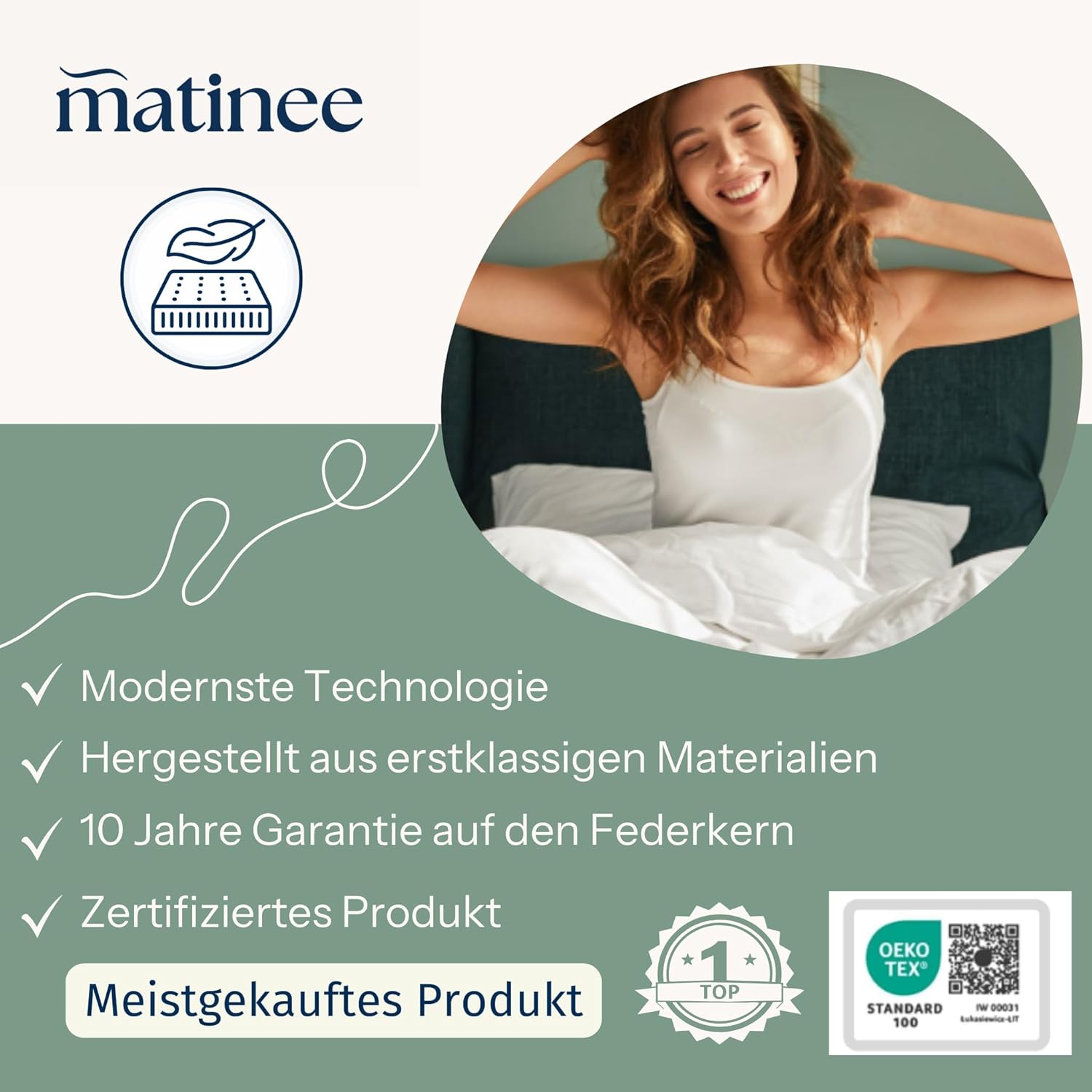 matinee - Hybrid-Matratze 140 x 200 cm - Hybrid-Taschen-Federkernmatratze Visco Schaumstoff-Matratze mit Latexschaum und Kokosmatte - Aloe Vera-Bezug - H2/H3 - Murky