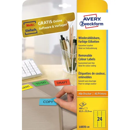 Avery Zweckform L6035-20 Farbige Etiketten,A4 63,5 x 33,9 mm, 20 Bogen/480 Etiketten, gelb
