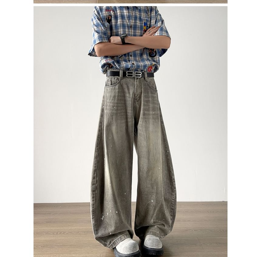 Filmas - Mid Rise Splash Print Washed Wide Leg Jeans