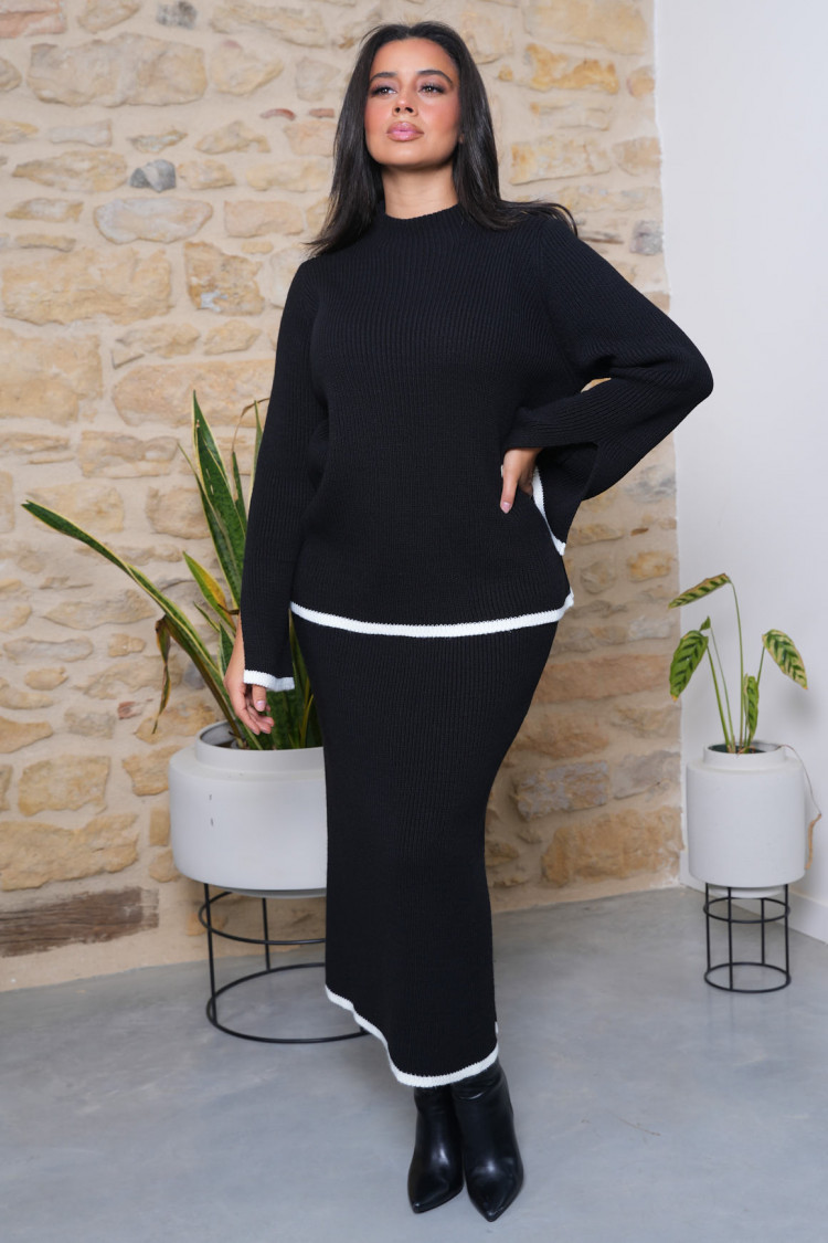Ensemble 2 pièces pull + jupe en maille noir et beige