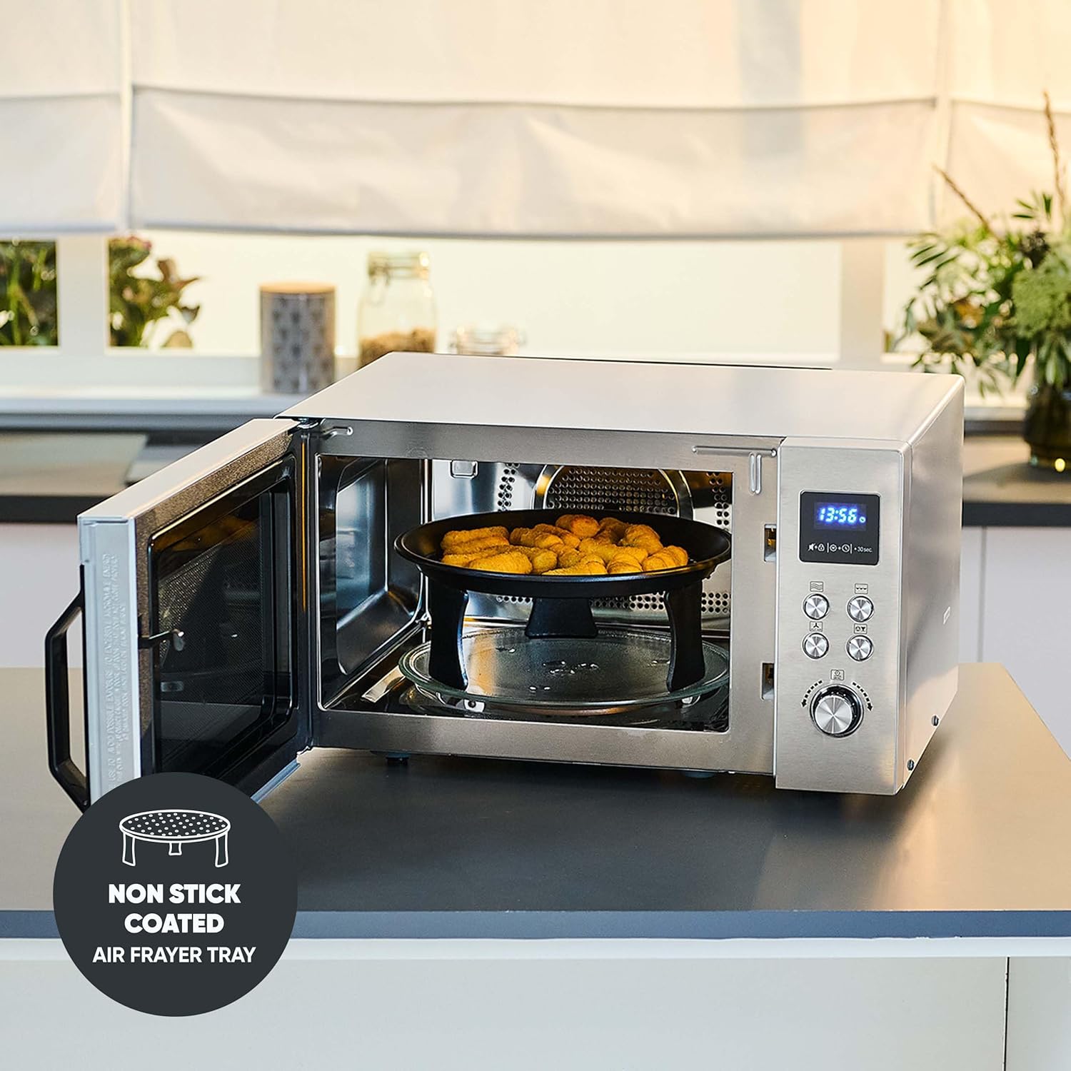 SEVERIN 4-in-1 Mikrowelle „Crispy Wave, Heißluft-Funktion bis 230°C, Heißluftfritteuse, Mikrowelle, Backofen & Grill, 95 min Timer, max. 2150 W Leistung, 25L, Silber/Edelstahl, MW 7982