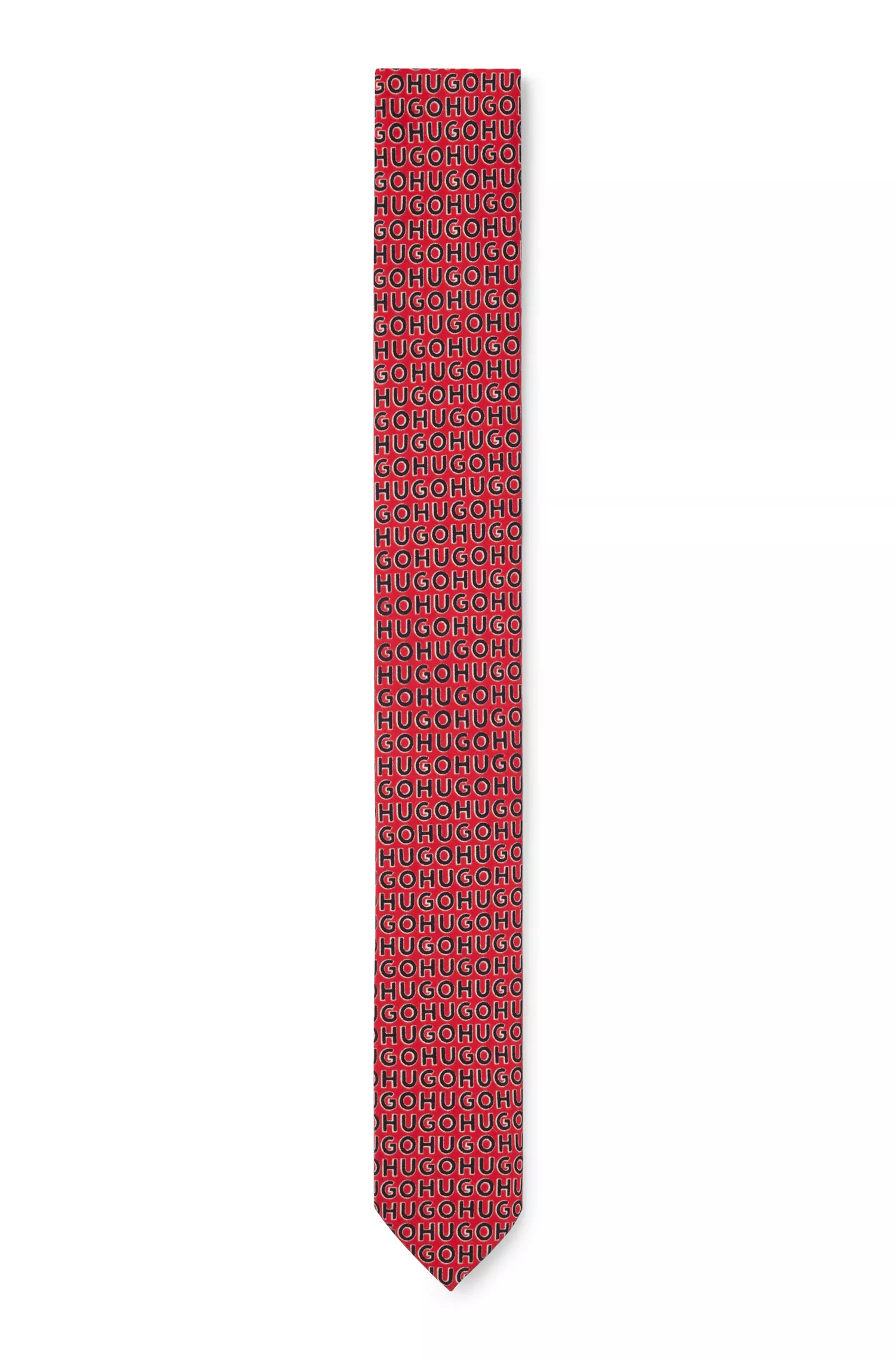 Gravata HUGO vermelha em algodão acetinado com estampa do logotipo por toda a peça.