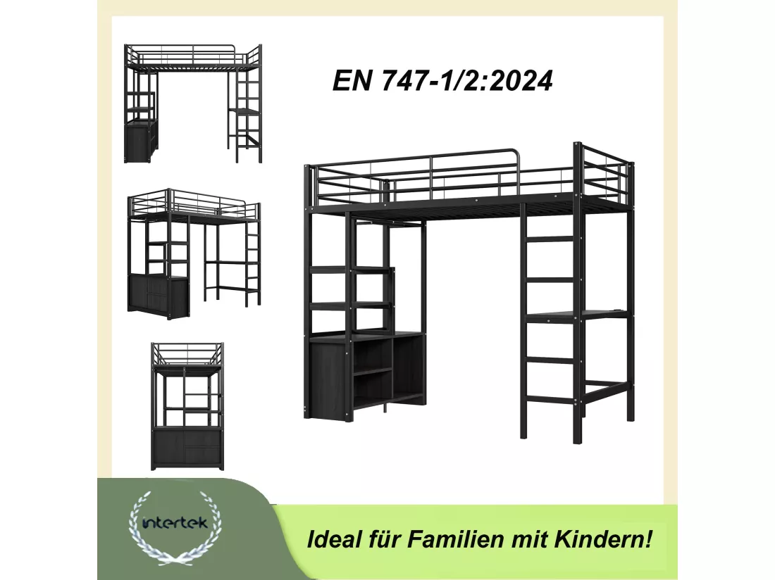 Lit mezzanine 90 x 200 cm avec bureau, prises USB, placard de rangement ouvert - Métal + MDF - Noir (sans matelas)