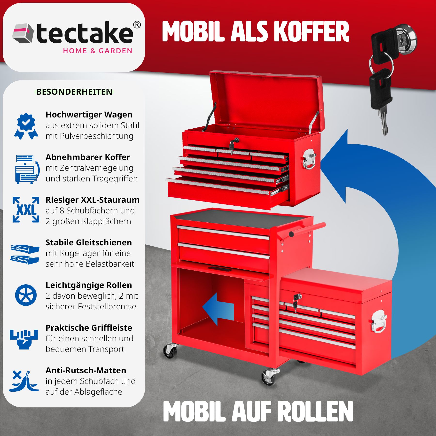 tectake® Werkzeugwagen, 8 kugelgelagerte Schubladen mit Antirutschmatten, großes Klappfach, mobiler Kofferaufsatz mit zentraler Sicherheitsverriegelung, Rollen Ø 100 mm