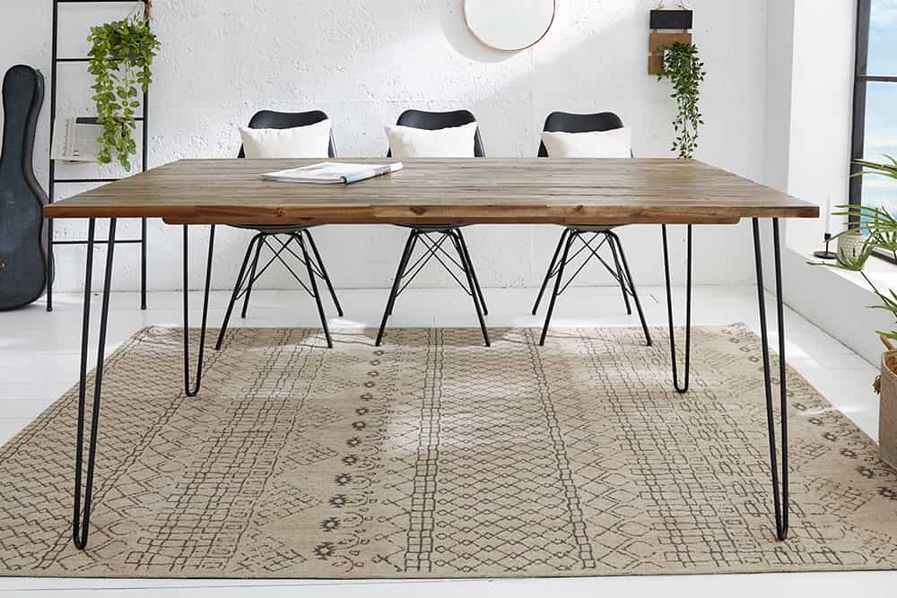 Massivholz Esstisch SCORPION 180cm braun Akazie schwarze Metallbeine Hairpin Legs Retro