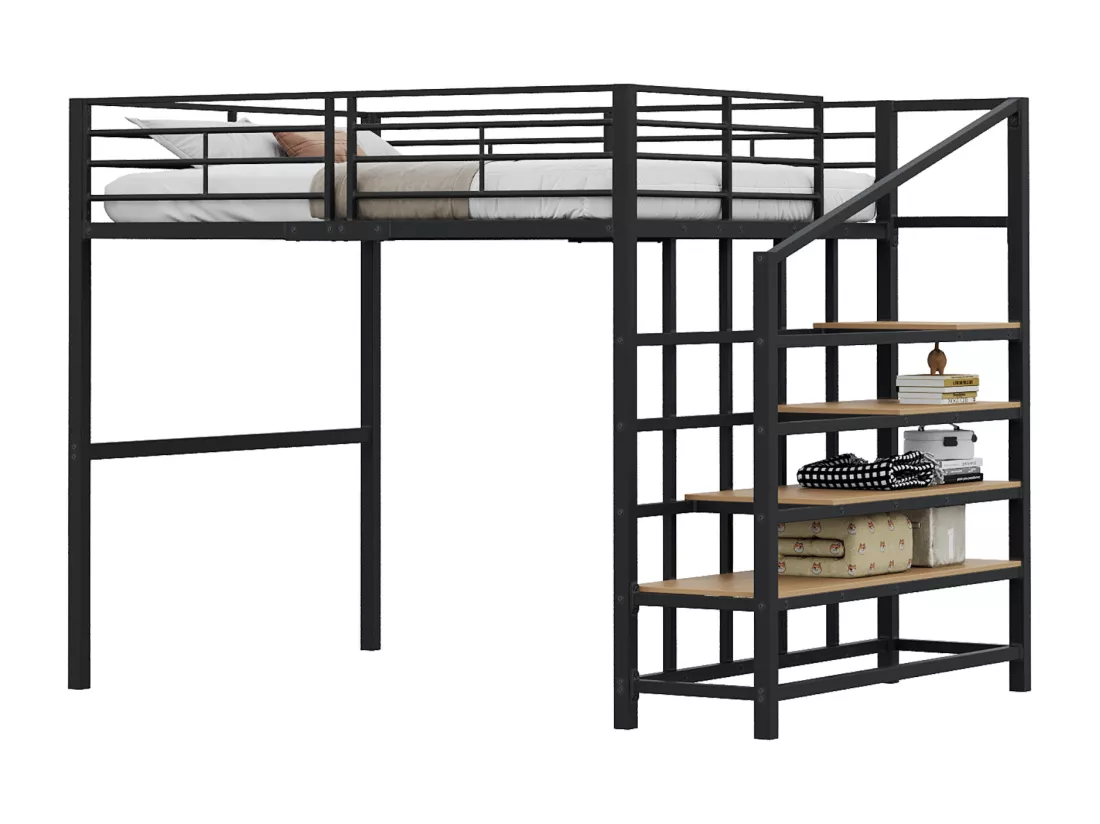 Lit mezzanine 140 x 200 cm avec grand escalier - Métal + Contreplaqué + MDF - Sommier à lattes - Noir