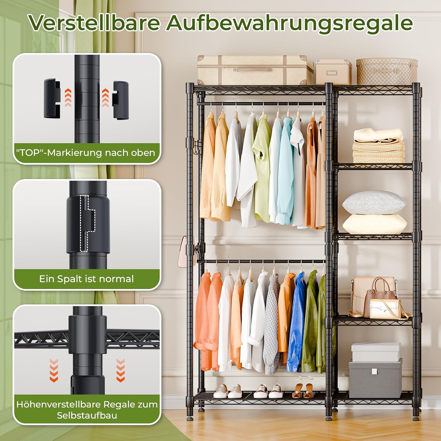 Himimi Kleiderständer Stabil, Kleiderschrank Offen mit Doppel-Kleiderstangen & 5 Höhenverstellbaren Regalen, Metall Garderobe Kleiderständer Schwerlast für Schlafzimmer Flur, 114 x 44 x 195cm Schwarz