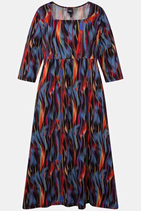 Jerseykleid, A-Line, Streifen, , Empirenaht, Carree-Ausschnitt, 3/4-Arm
