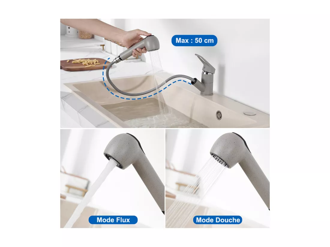AURALUM MAX Robinet Cuisine avec Douchette Extractible 2 Jets Mitigeur Evier en Laiton Pivotant 360° Robinetterie Eau Froide/ Chaude,Gris Granit