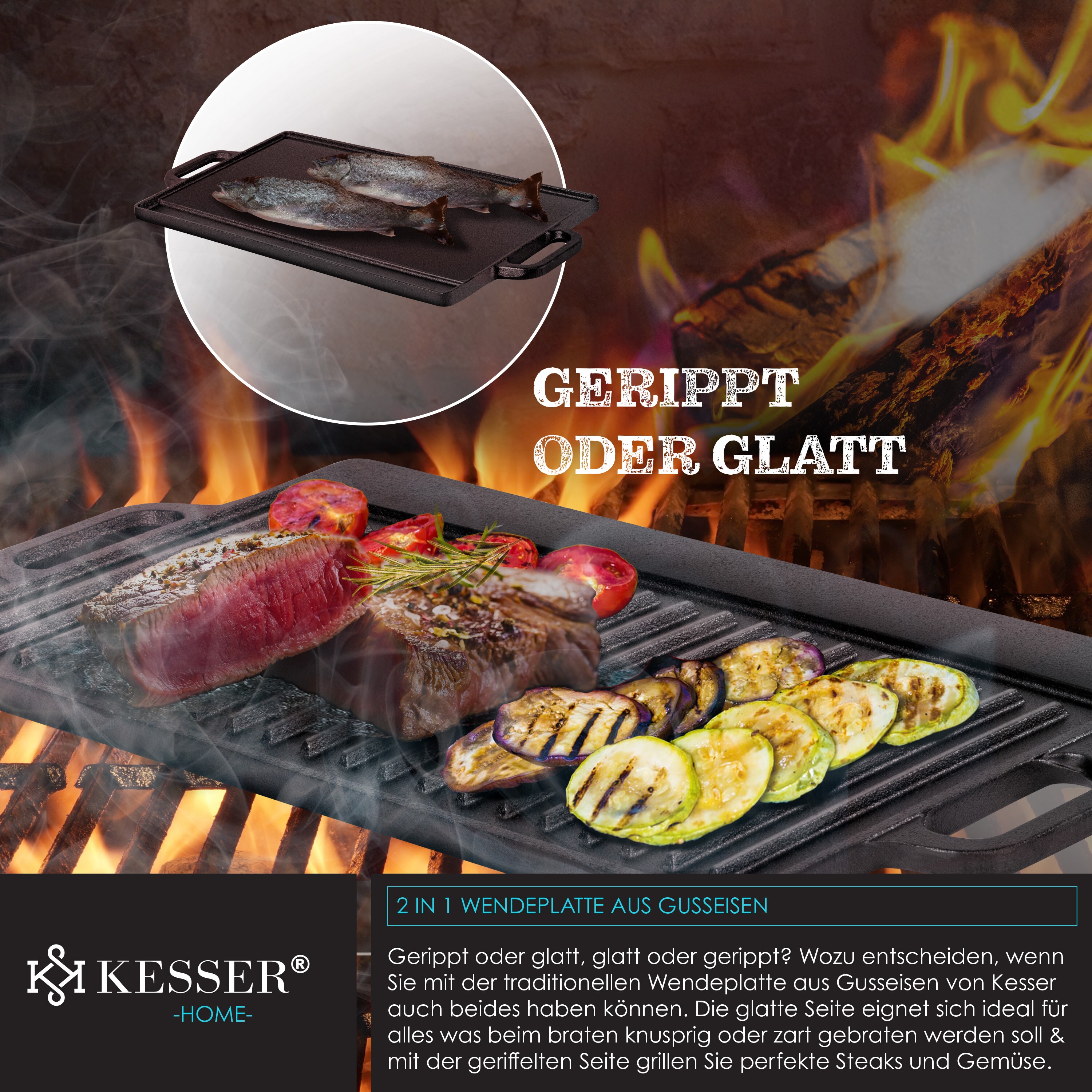 KESSER® Dutch Oven Set in Holzkiste mit Dutch Oven Mit viel Zubehör - Gusseisen - bereits eingebrannt mit Kochtopf Grillplatte Pfanne Deckelheber Inkl. Rezeptbuch Handschuhe