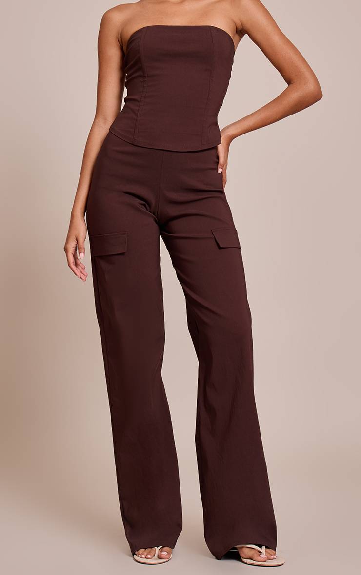 Marron Foncé Pantalon Droit En Tissu Stretch Tissé