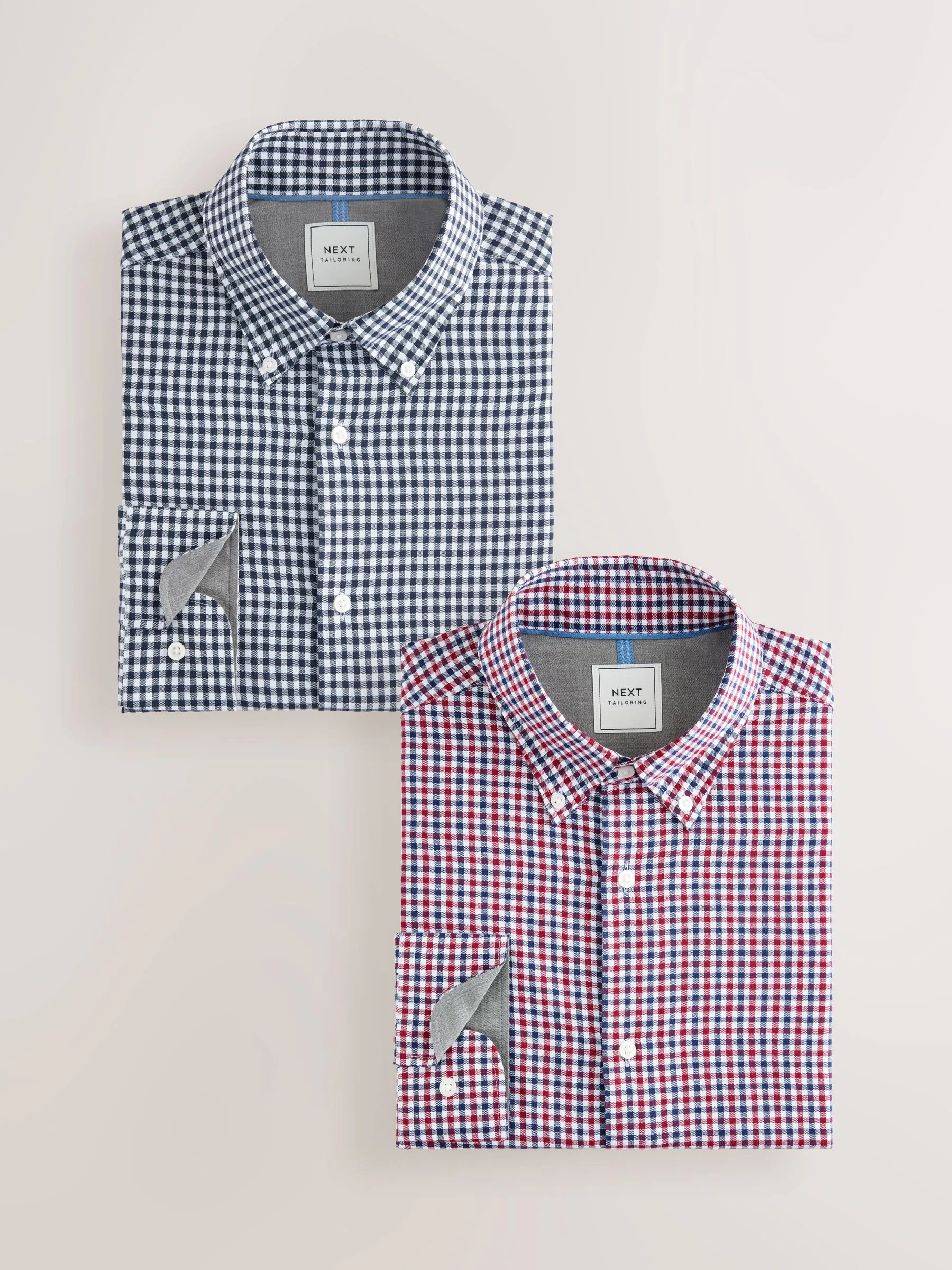 Blauw gingham/rood gingham - Set van 2 stuks strijkvrije Oxford-overhemden