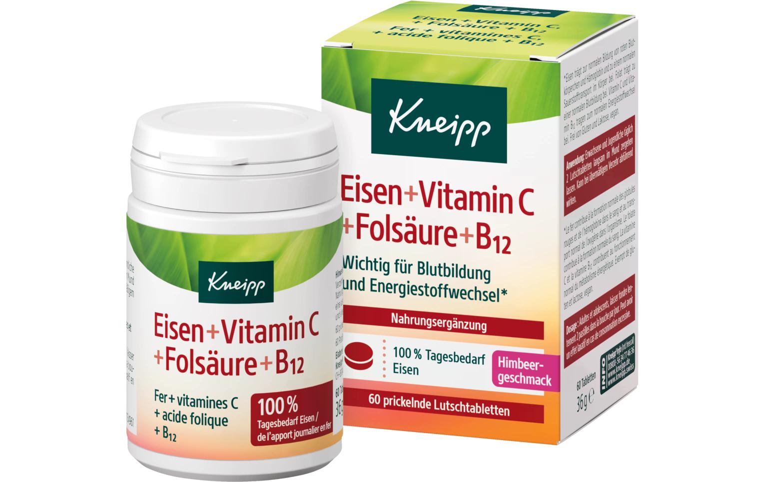 Tablette Eisen + Vitamin C, Folsäure und B12 60 StückVegane Nahrungsergänzung mit Eisen und Vitamin C