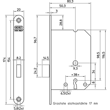 NEMEF 1200 serie kastdeurslot met gelakte voorplaat Doorn 50mm PC 55mm