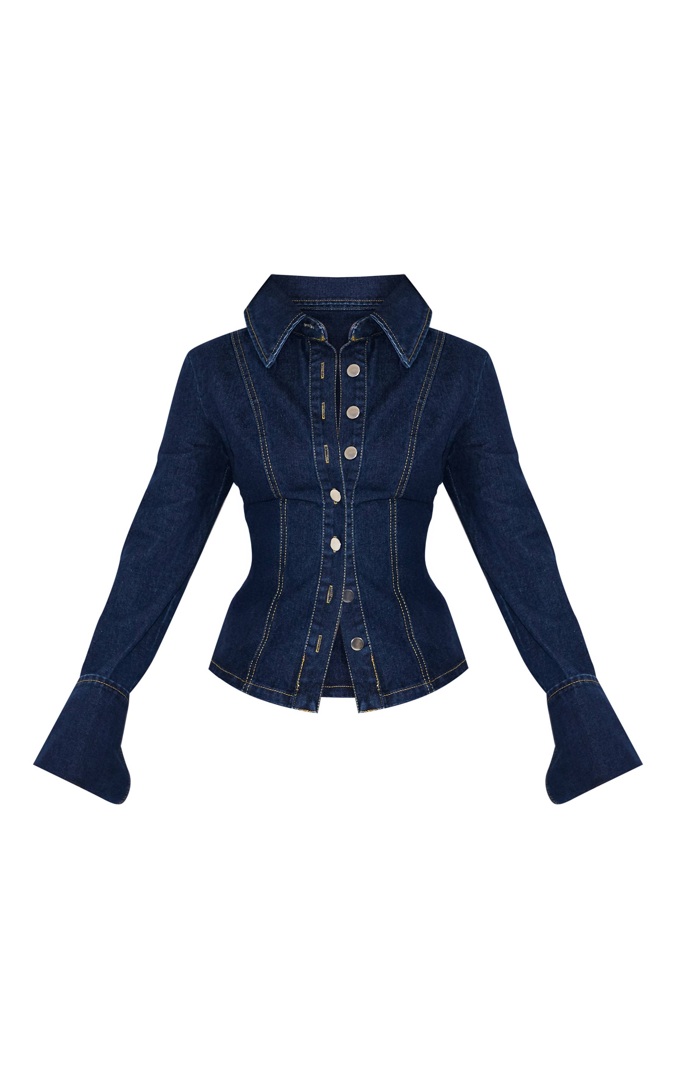Indigo Blue Wash Chemise En Jean Ajustée À Manches Longues Effet Délavé Vintage Petite