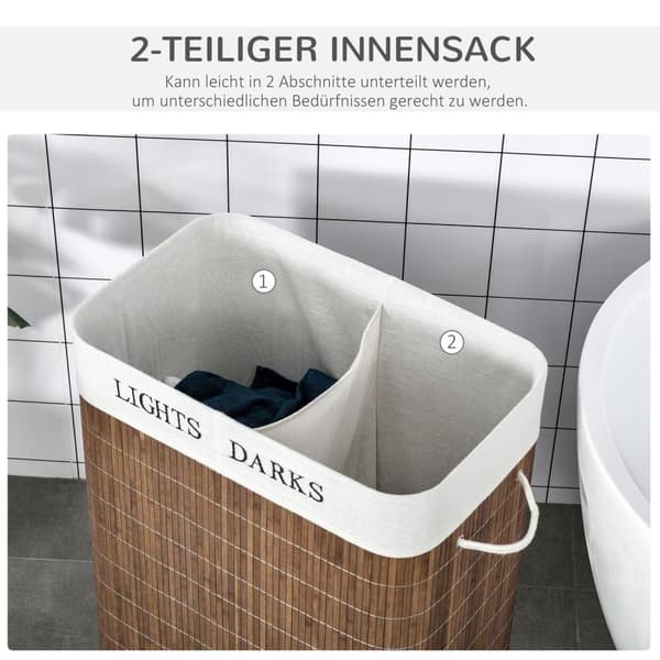 100L Skittentøyskurv Vaskeboks Med 3 Håndtak Og Vaskbar Vaskepose Avtagbar Bambus Bomull Metall Brun + Hvit 52X32X63Cm