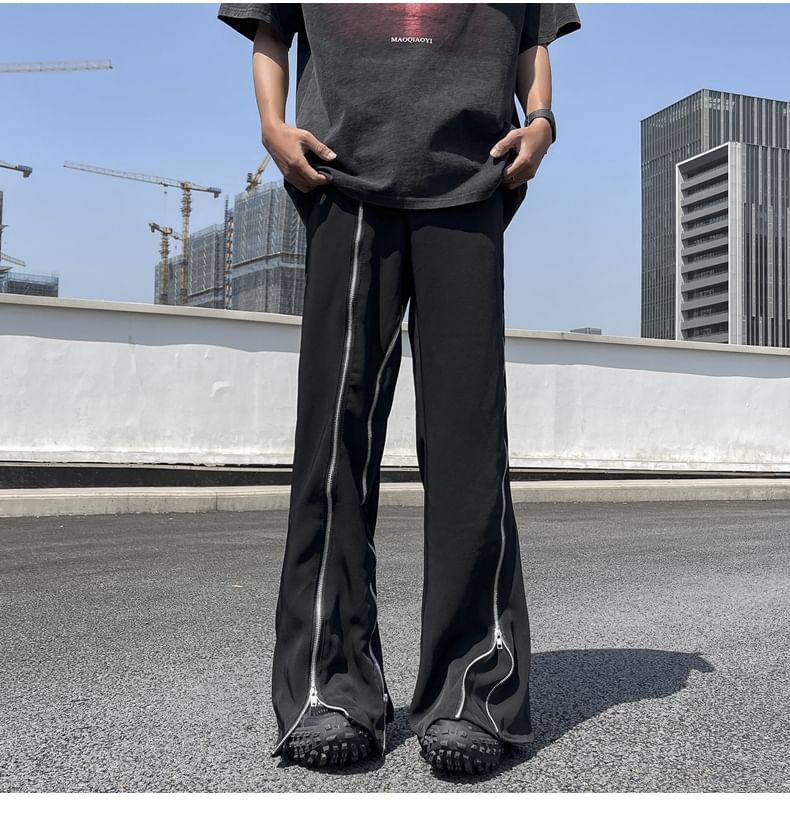 Whyessa - Elastische taille, effen broek met rits en wijde pijpen